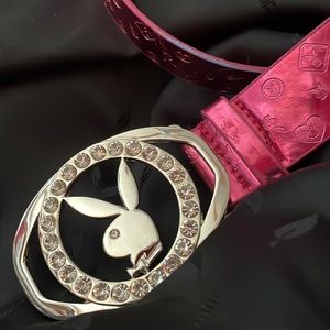 NWOT Y2K Vintage Playboy Bunny Rhinestone Bling Belt Buckle Metallic Pink Belt